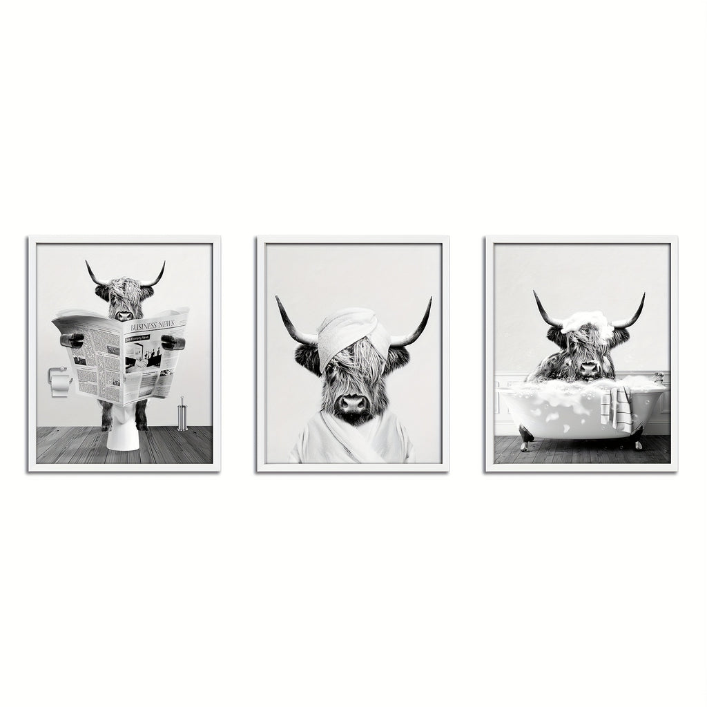 3pcs/set Funny Highland Cow Wall Art In Bathtub