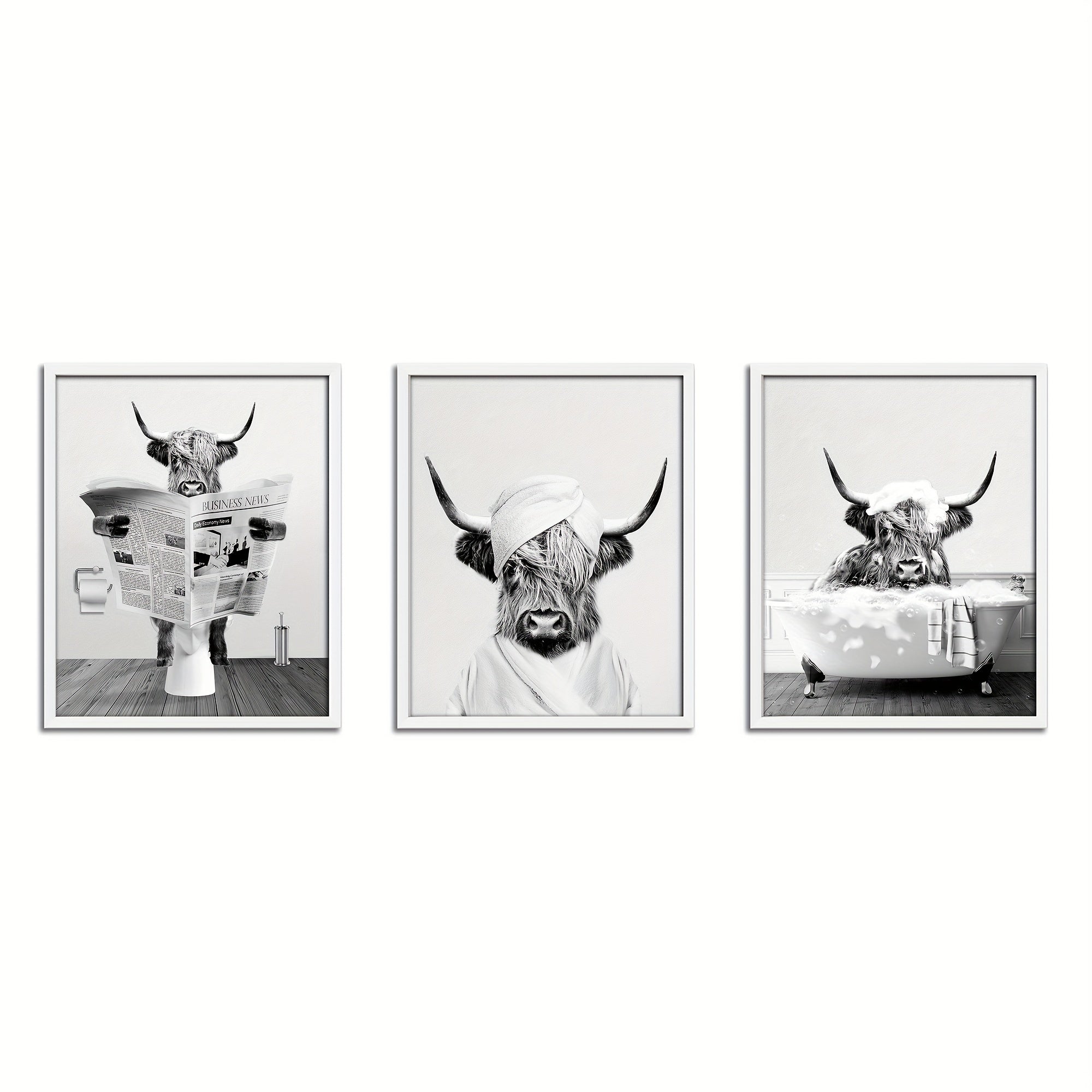 3pcs/set Funny Highland Cow Wall Art In Bathtub