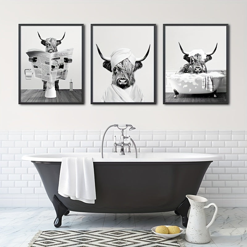 3pcs/set Funny Highland Cow Wall Art In Bathtub