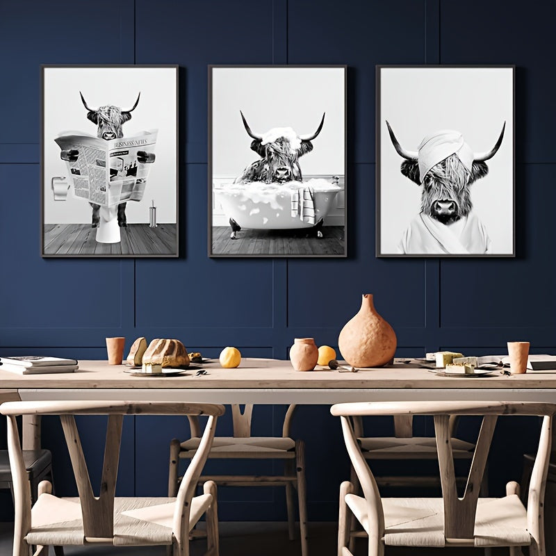 3pcs/set Funny Highland Cow Wall Art In Bathtub