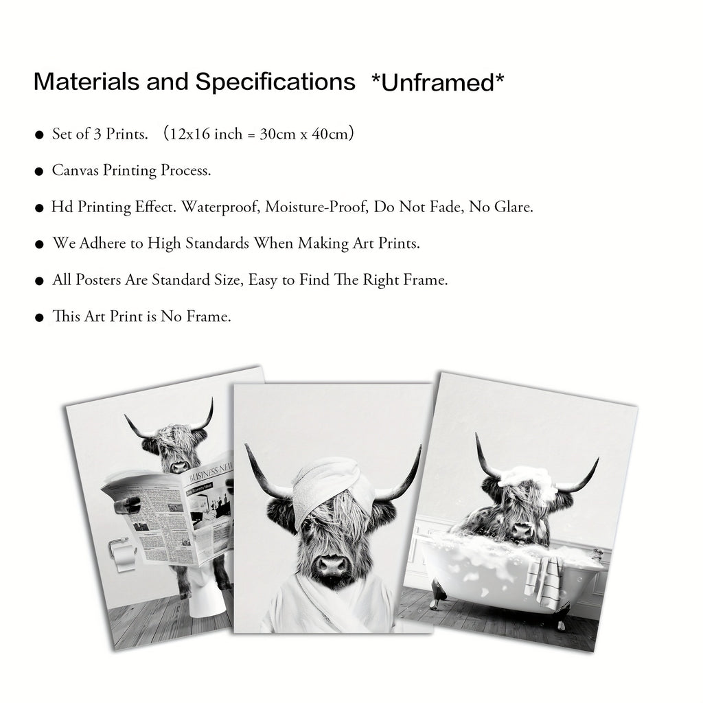 3pcs/set Funny Highland Cow Wall Art In Bathtub