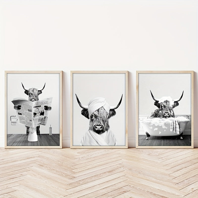 3pcs/set Funny Highland Cow Wall Art In Bathtub