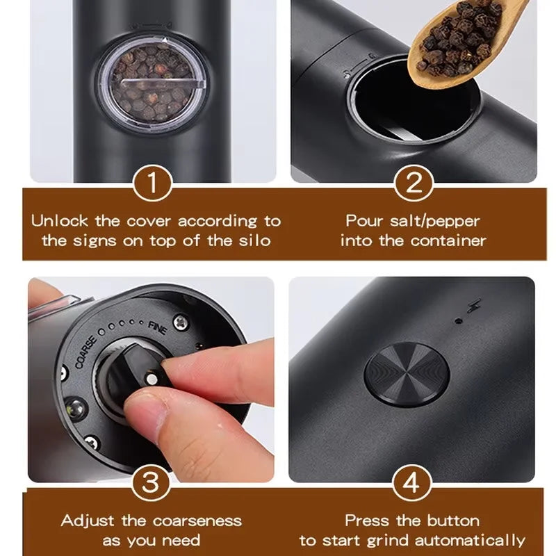 Electric Salt and Pepper Grinder Set with Charging Base and LED Light