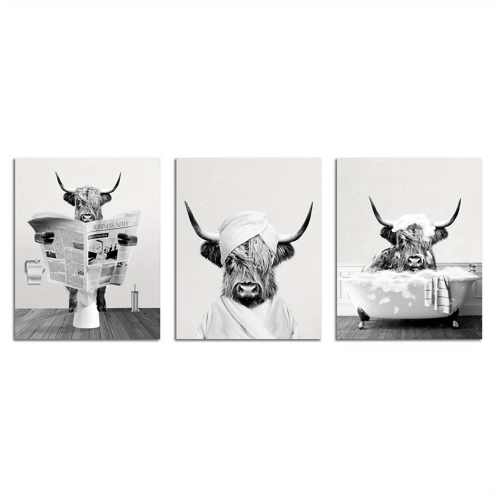 3pcs/set Funny Highland Cow Wall Art In Bathtub
