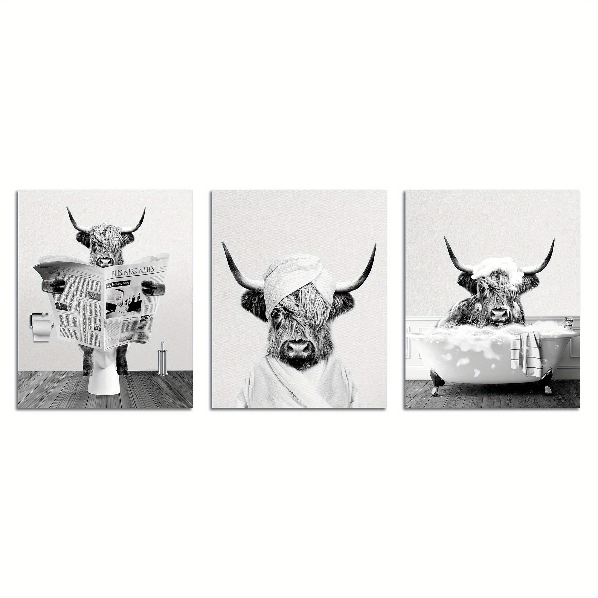 3pcs/set Funny Highland Cow Wall Art In Bathtub