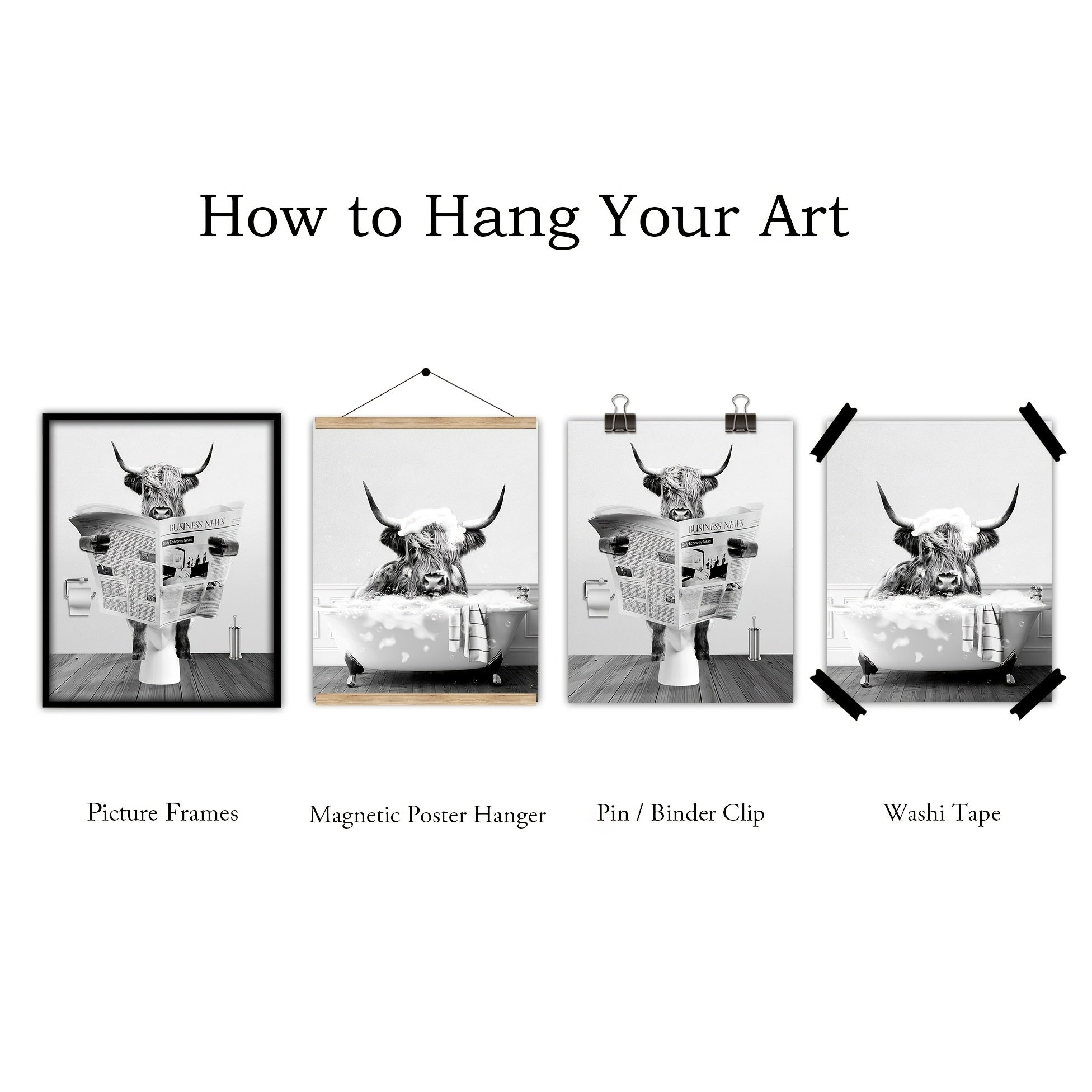 3pcs/set Funny Highland Cow Wall Art In Bathtub
