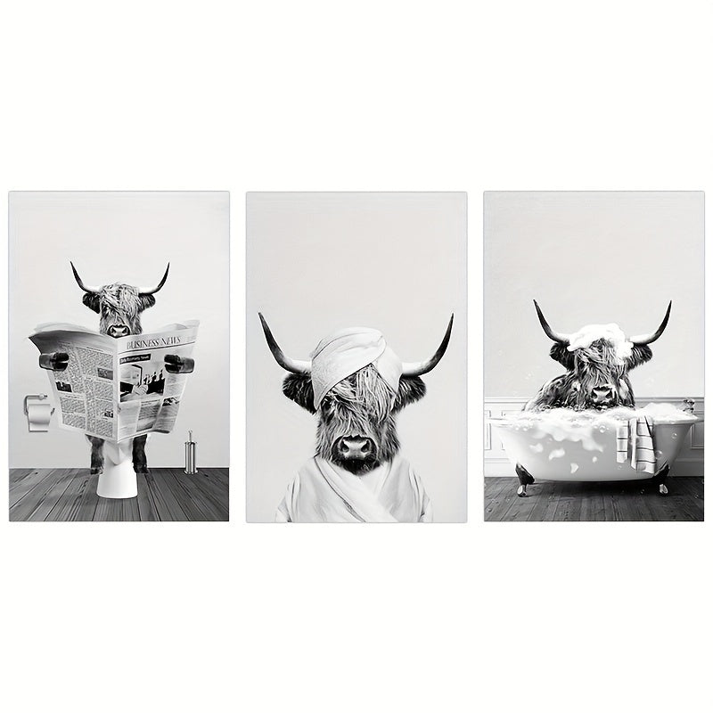 3pcs/set Funny Highland Cow Wall Art In Bathtub