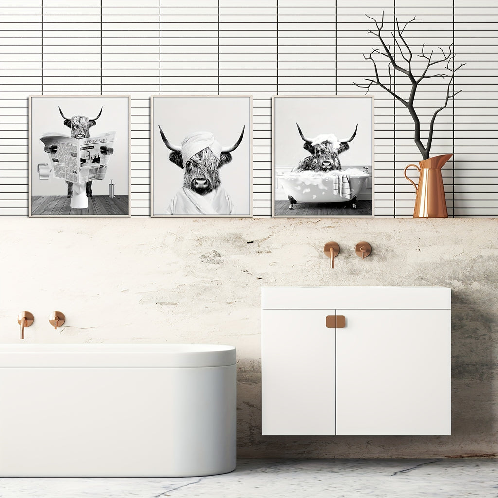 3pcs/set Funny Highland Cow Wall Art In Bathtub