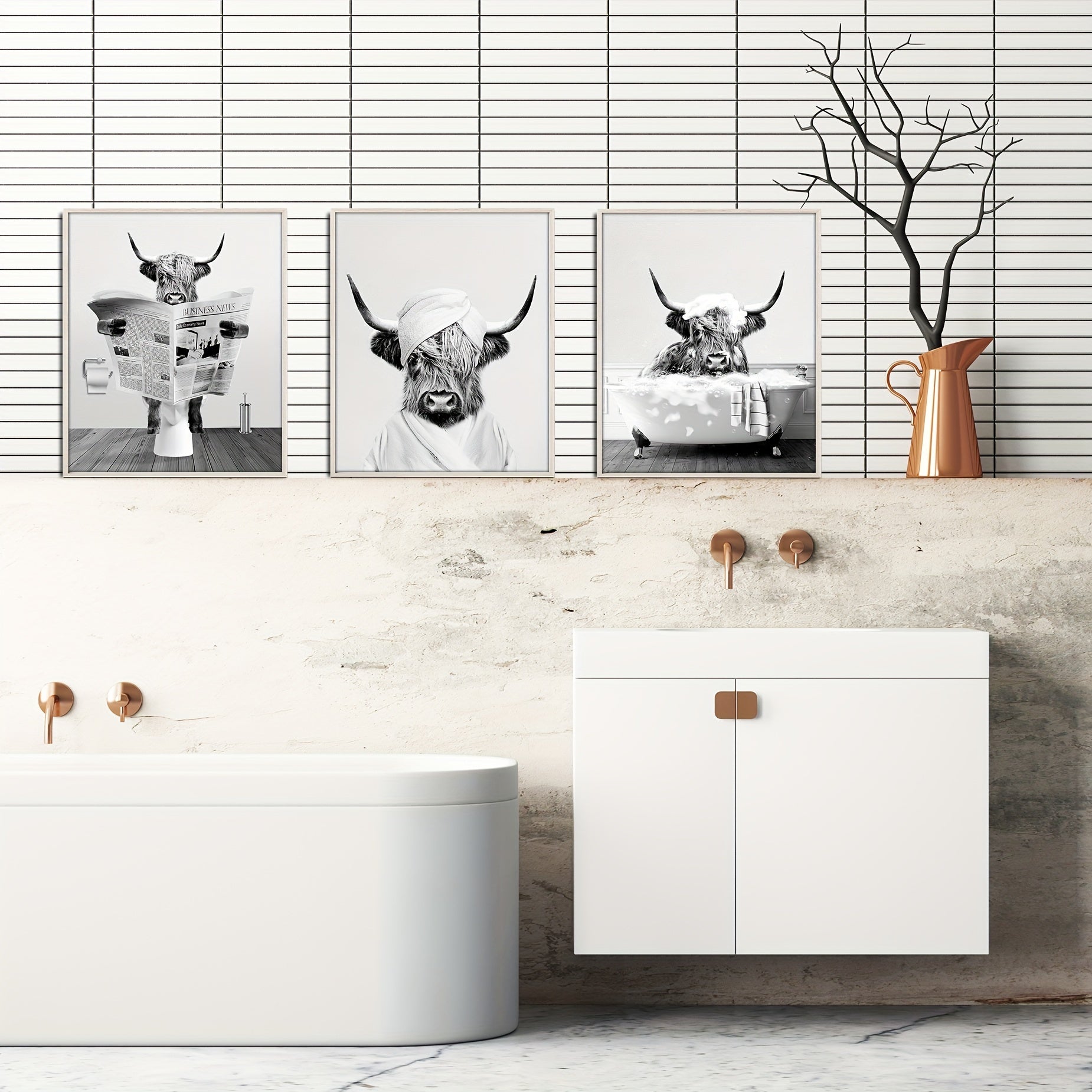 3pcs/set Funny Highland Cow Wall Art In Bathtub